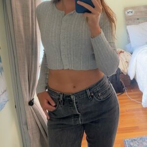 Garage Light Gray Ribbed Button-Up Crop Top